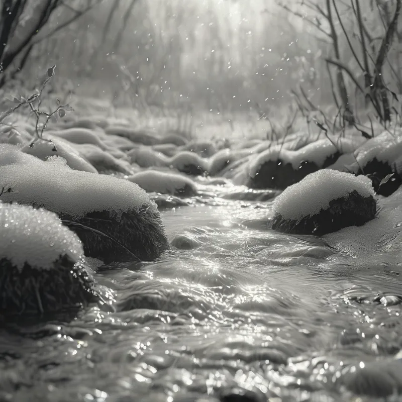 Dark water flows between snow covered rocks beneath softly blurred winter branches