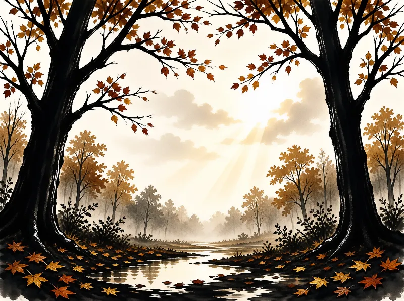 Dark autumn trees flank a shallow creek as golden leaves scatter the banks and sunbeams pour through the clouds above.