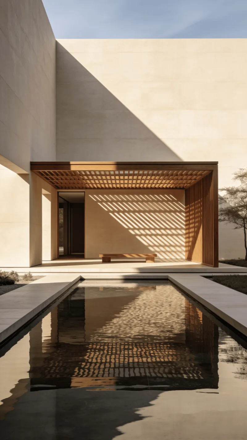 Pavilion with Wooden Lattice — Reflecting Pool