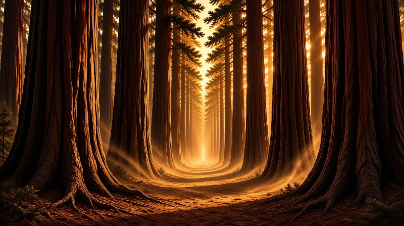 Symmetrical tree trunks frame a forest path glowing with intense golden sunlight and mist.