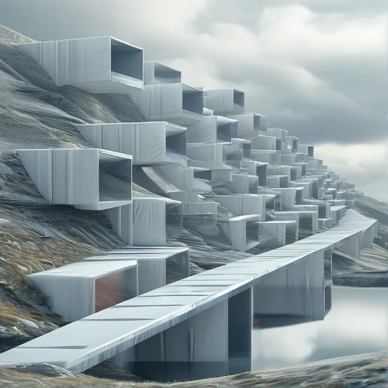 White rectangular modules stack down a rugged hillside under a cloudy sky near a calm body of water.