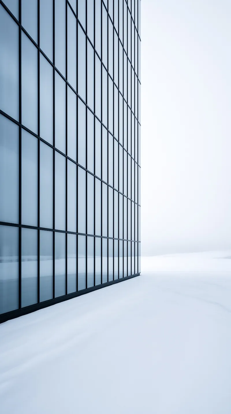 A minimalist glass facade building stands beside an endless snow field under a soft and pale overcast sky