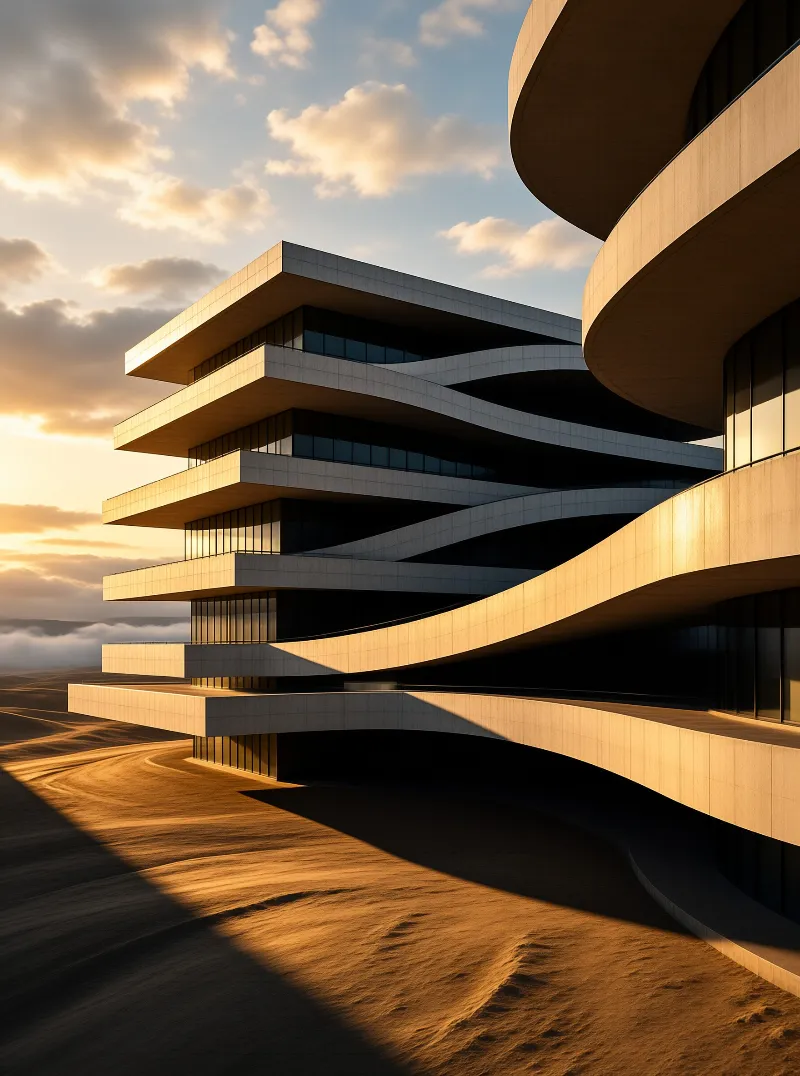 A futuristic building with sweeping curves stands on sandy dunes illuminated by the warm glow of the setting sun.