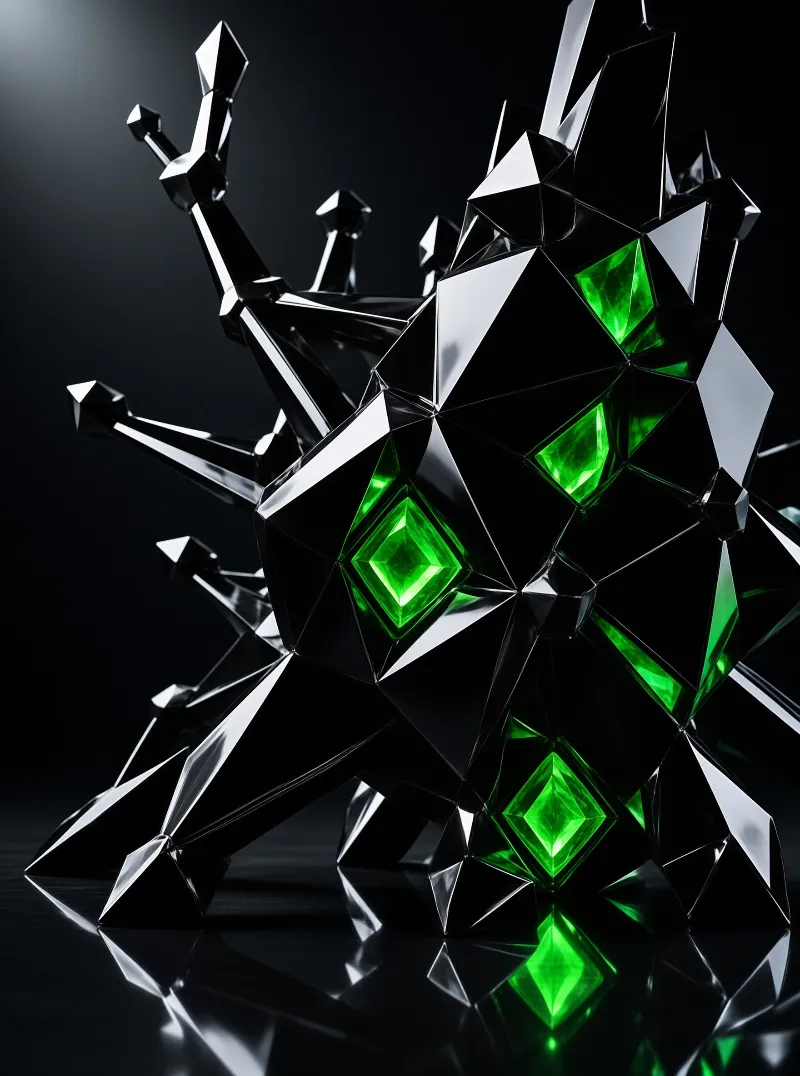 A faceted black geometric object with glowing green crystals sits on a mirrored surface.