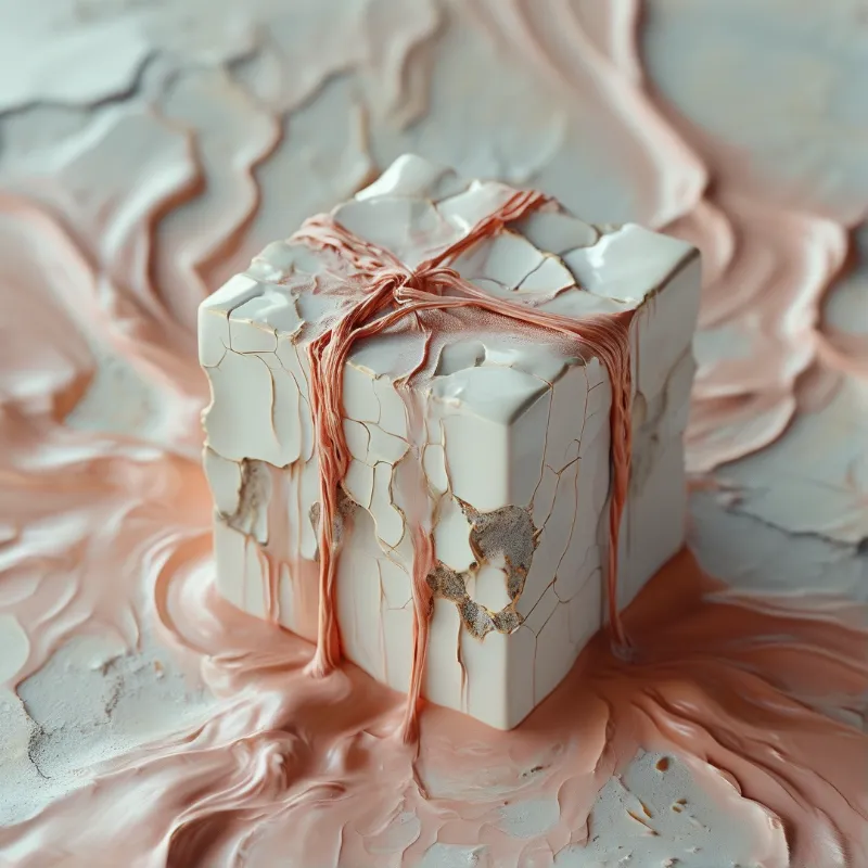 White cube submerged in thick pink and cream liquid with veins dripping down cracked sides.