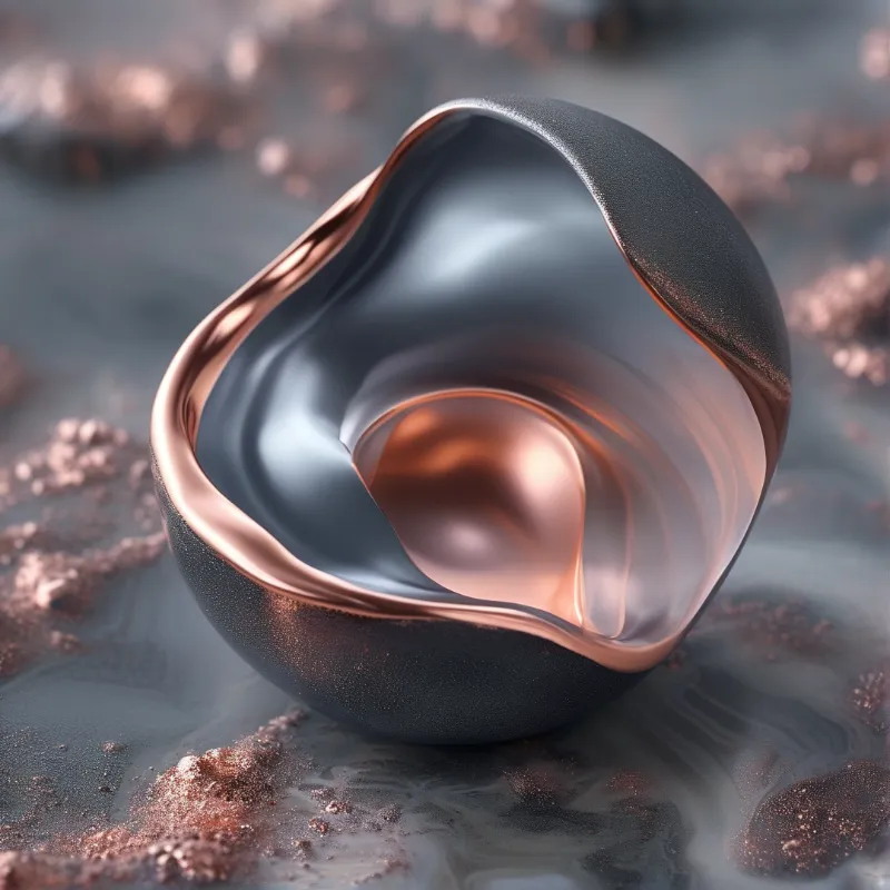 A dark smooth sculpture with a shiny copper interior rests on a glossy surface surrounded by scattered metallic powder.