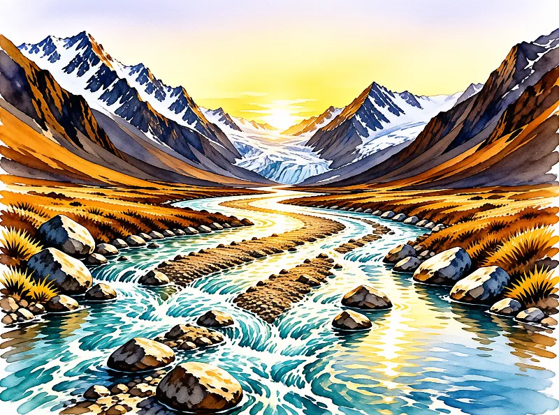 A turquoise stream winds through a rocky valley surrounded by steep snow-capped peaks under a warm yellow sky.