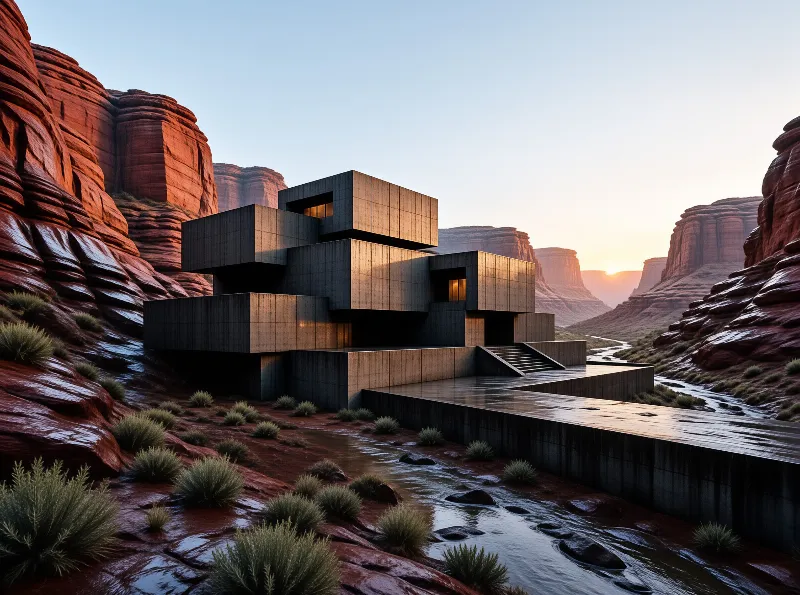 A stacked concrete residence overlooks a desert stream surrounded by towering red sandstone cliffs at dusk.