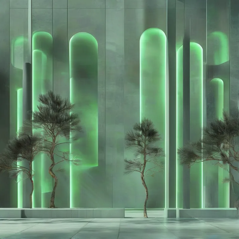 Slim pines stand on a reflective tiled floor in front of a tall wall pierced by green glowing arches.