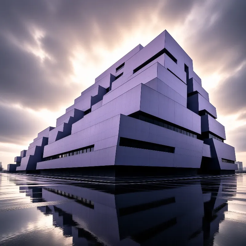 A stepped structure in pale violet cladding rises from a rain-slick plaza that mirrors its angular silhouette.