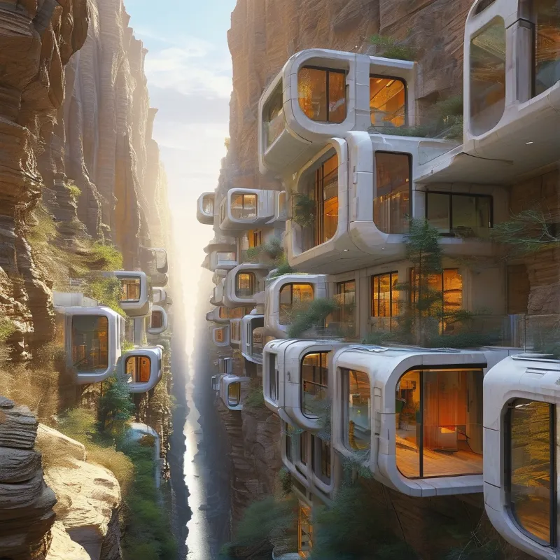 Curved white housing units attach to canyon walls reflecting warm sunlight onto a river below.