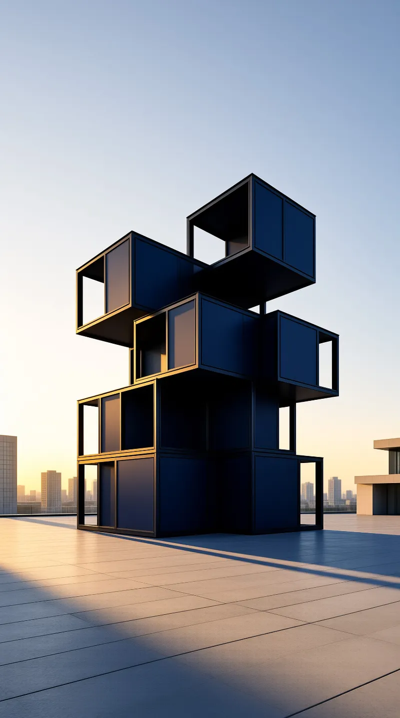 Dark blue cubic modules rise on a paved rooftop terrace as warm sunlight casts distinct shadows on the tiles.