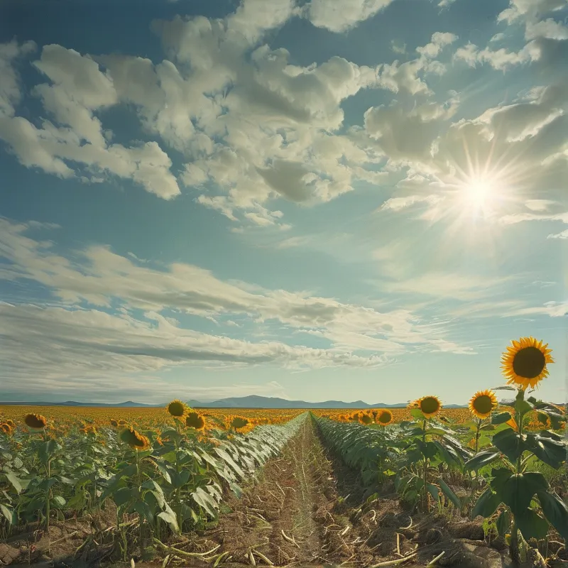 A vast sunflower field stretches under a partly cloudy blue sky with the sun casting bright rays through scattered clouds.