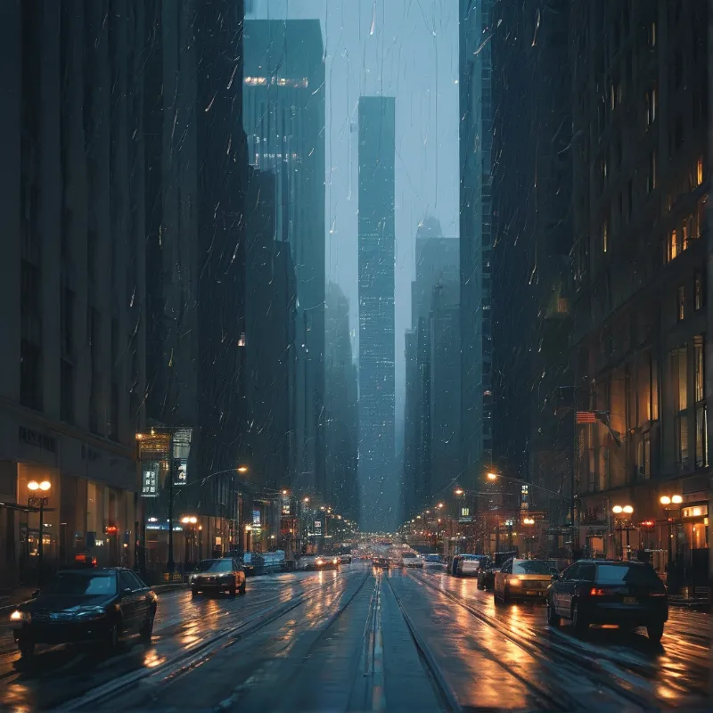 View through rain-streaked glass showing wet urban street with glowing streetlights and tall buildings under overcast sky