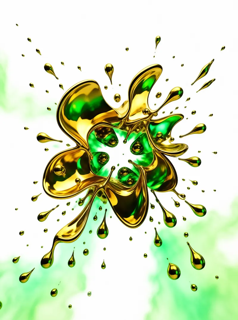 Metallic gold liquid forms a butterfly-shaped splash with green highlights against a white and misty green background.