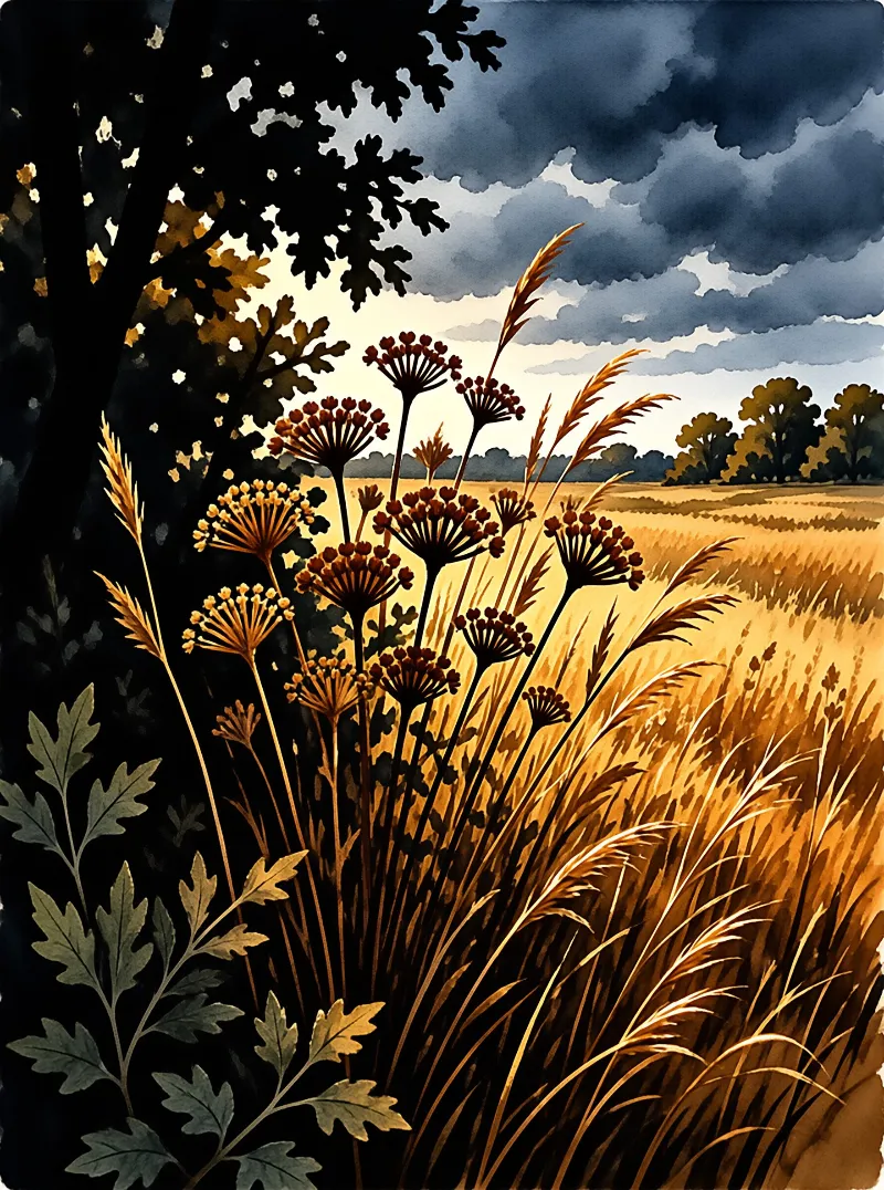 Foreground wildflowers and tall reeds are backlit by a warm sunset while dark clouds gather over a distant tree line.