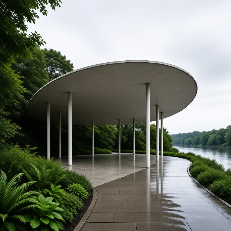 Circular concrete shelter with slender columns beside a river, wet ground reflecting cloudy sky and green trees.