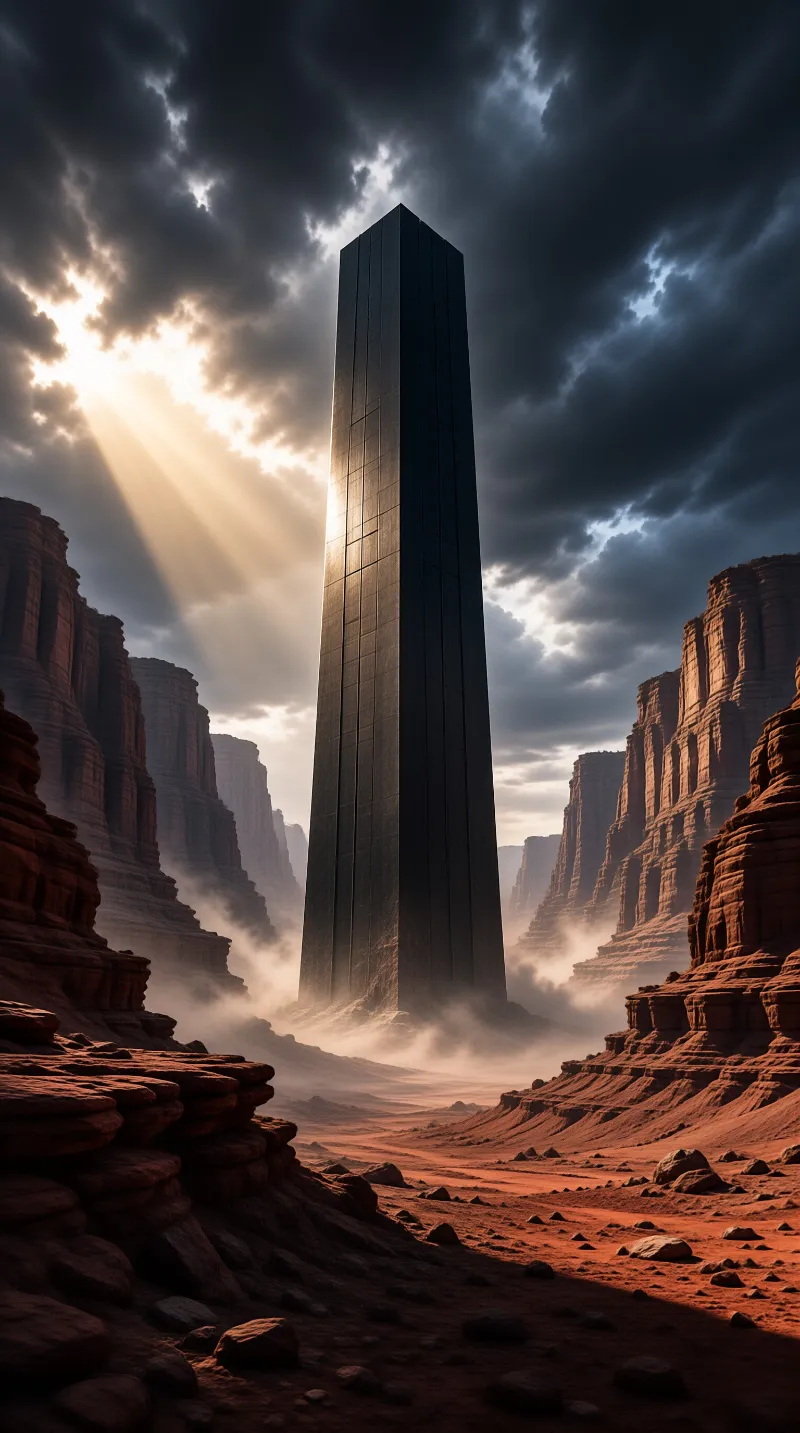 A dark stone obelisk stands in a red desert canyon under storm clouds with sunbeams breaking through.