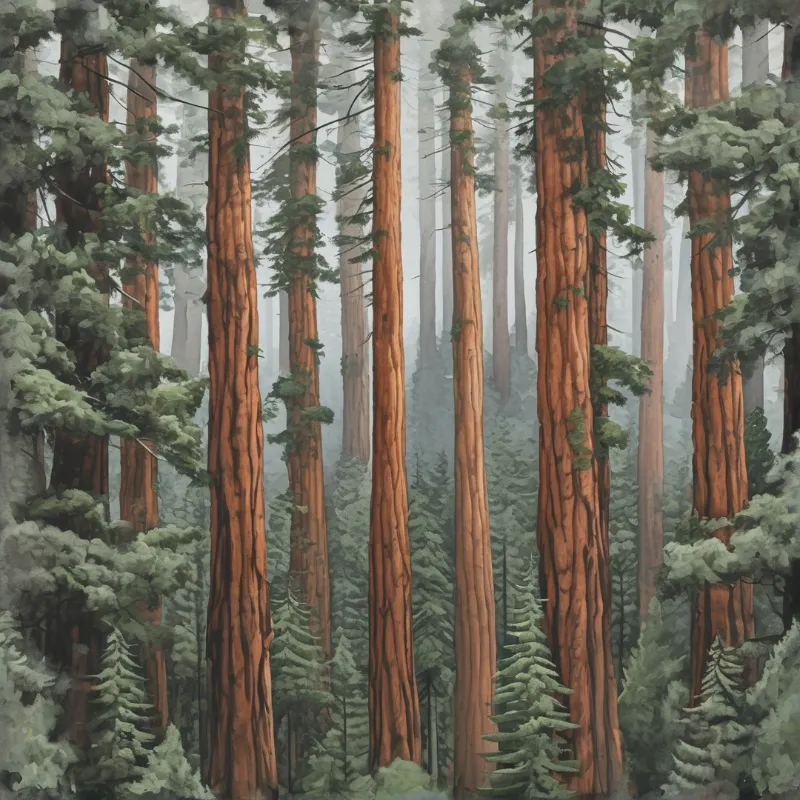 Tall brown tree trunks rise vertically through a foggy green forest with soft diffuse lighting.