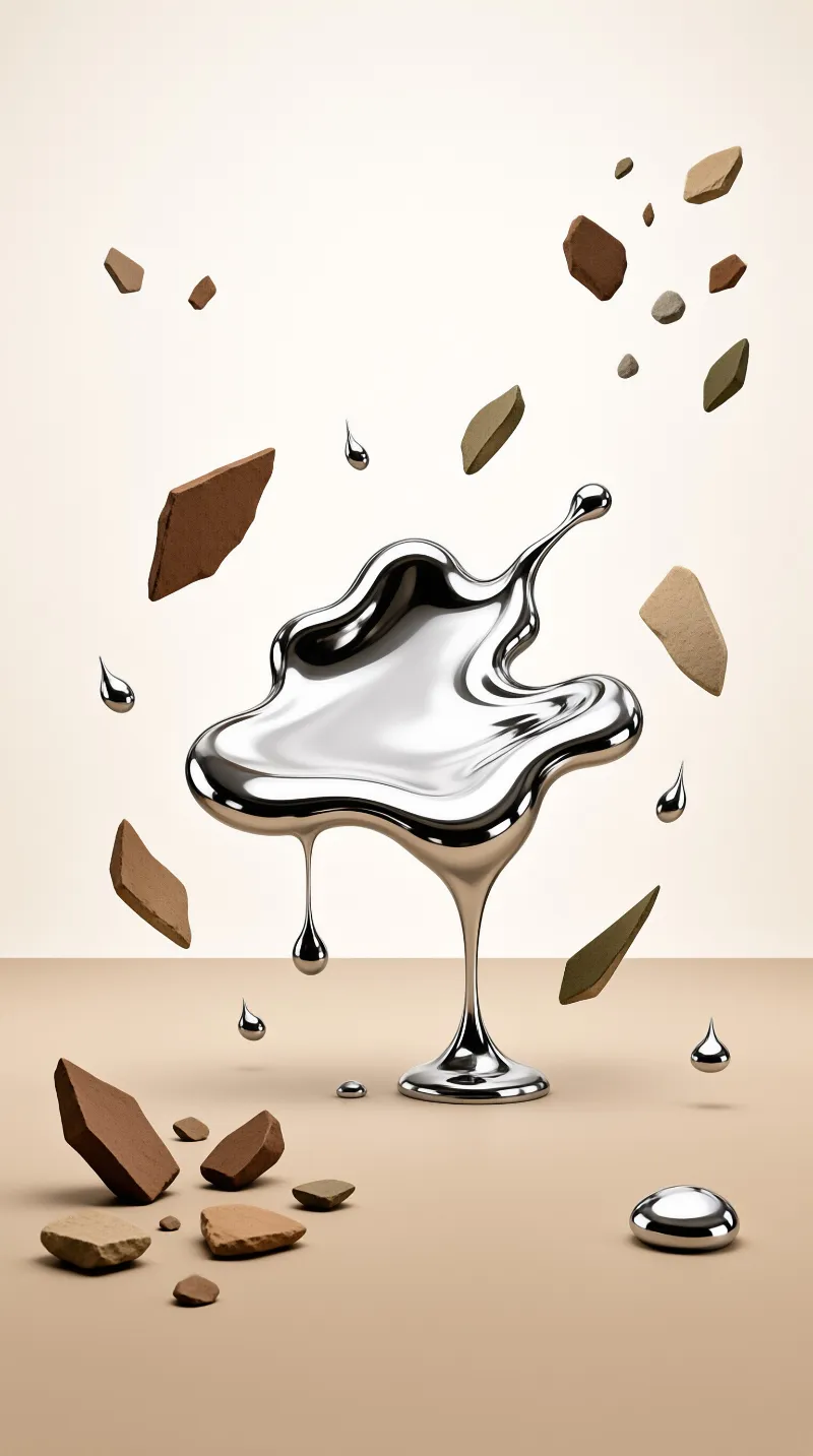 A molten silver puddle perches on a thin metal column while angular stone fragments and mercury drops hang in midair.