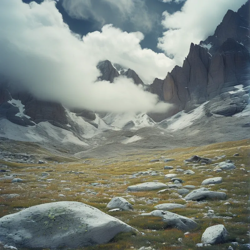 Yellow green tundra dotted with gray boulders leads to jagged peaks wrapped in low hanging clouds.