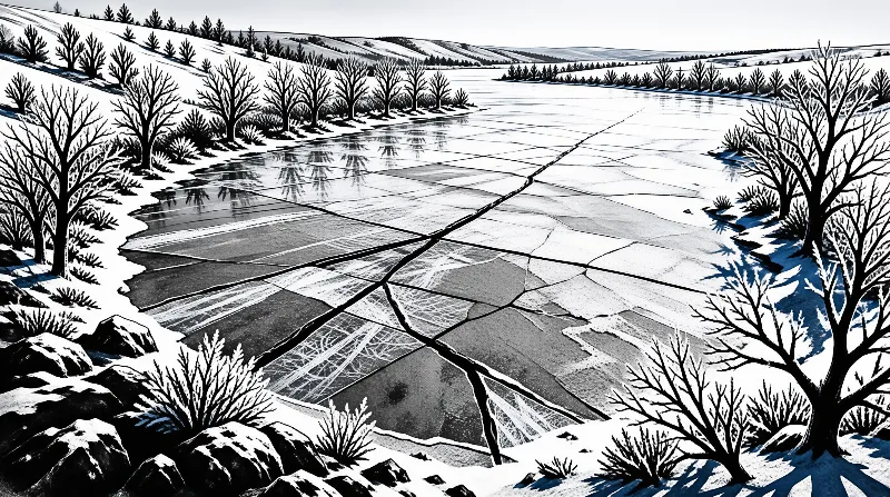 An illustration of a frozen river featuring prominent ice fractures surrounded by snow covered banks and trees.
