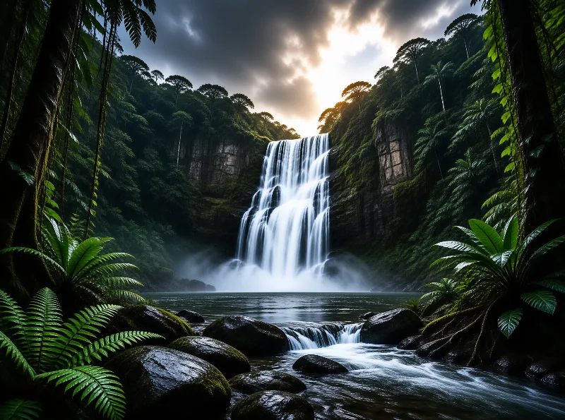 A wide cascade thunders through mossy cliffs into a dark pool ringed by ferns and boulders under storm light
