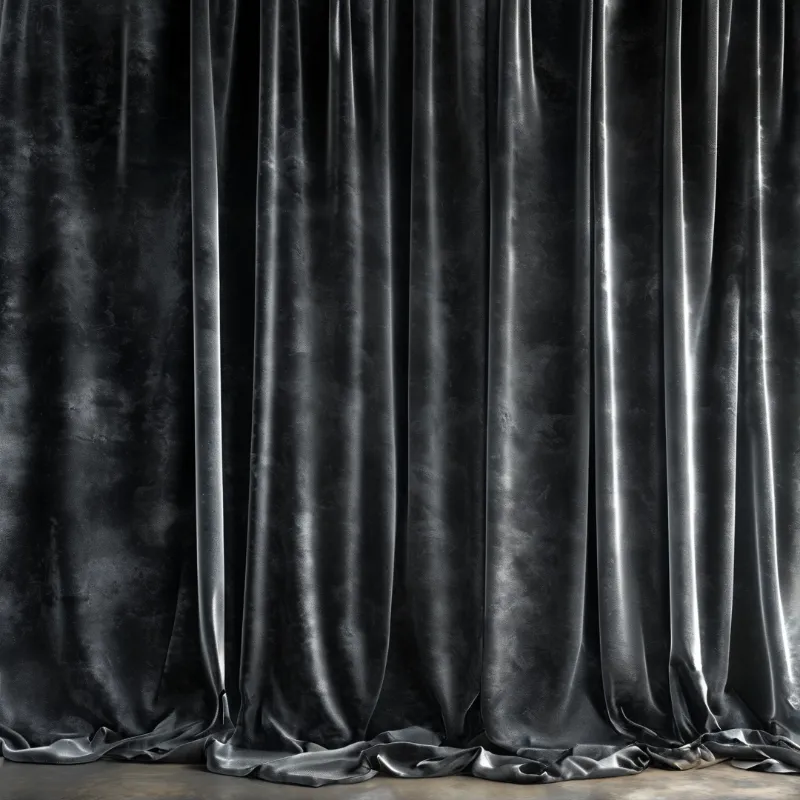 Dark grey velvet fabric hangs in deep vertical folds with bright highlights running down the smooth surface.
