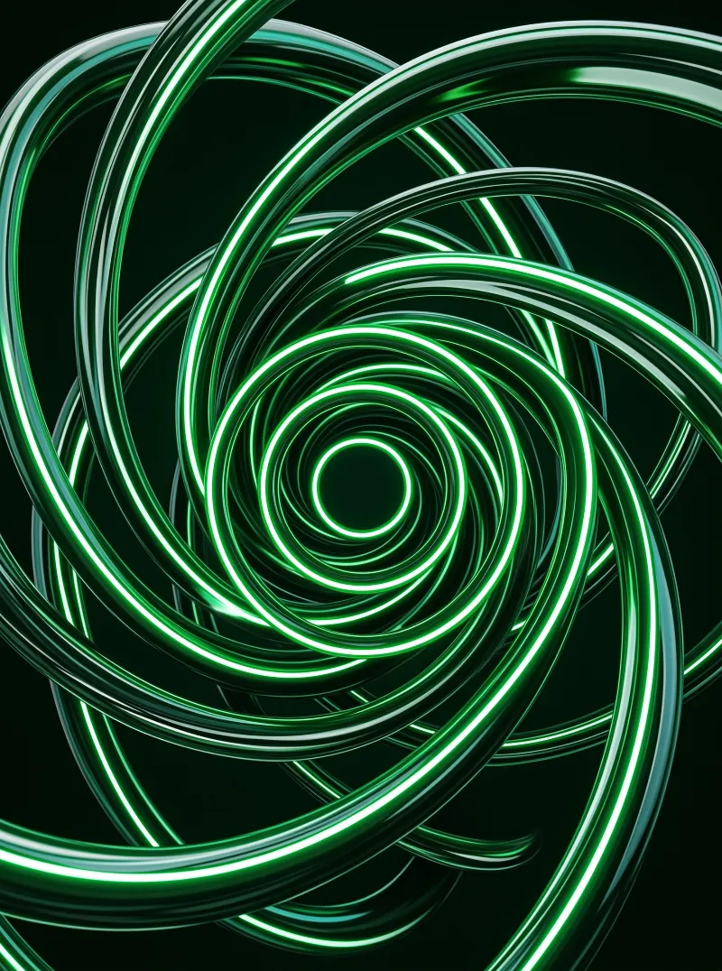 Bright green glowing tubes twist into a central vortex against a pitch black background creating a digital tunnel.