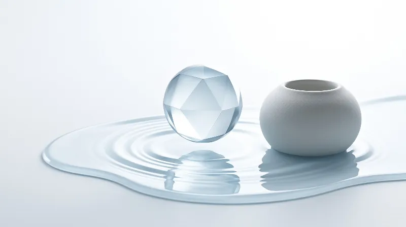 A geometric glass ball and a smooth white cylinder float in rippling clear liquid.