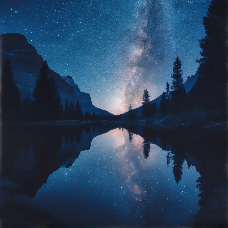 A glowing band of stars stretches vertically over dark mountain silhouettes and a perfectly still lake with mirrored stars.