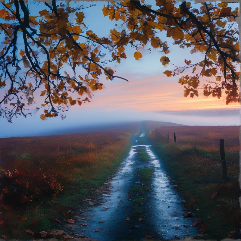 A wet rutted road recedes into low fog beneath golden maple leaves against a pastel sky.
