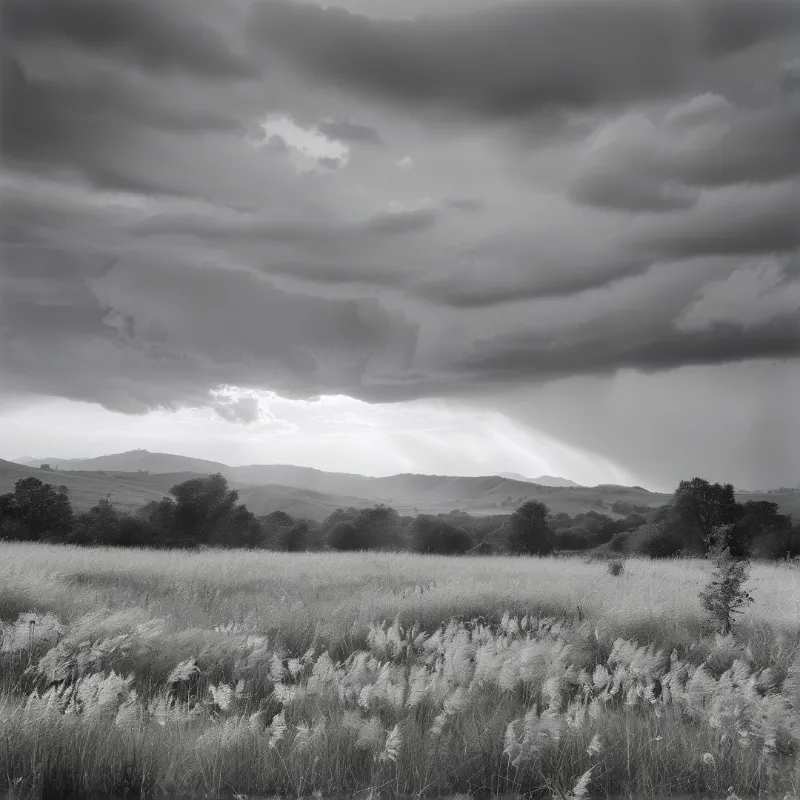 Wide field of tall grass with trees and hills below heavy clouds and sunbeams breaking through.