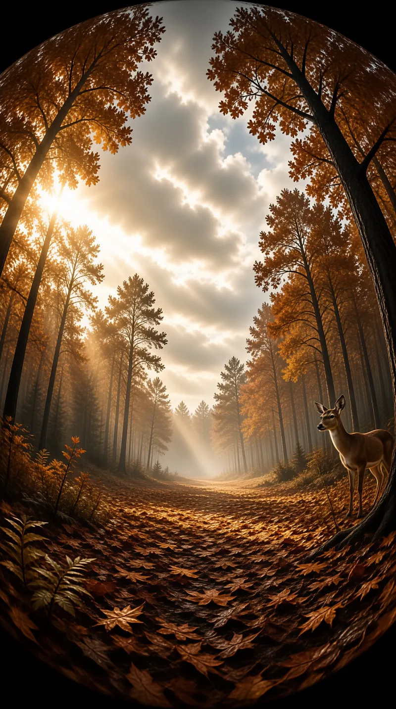 A deer stands in a sunlit autumn forest enclosed in a circular frame with tall trees and golden leaves covering the ground.