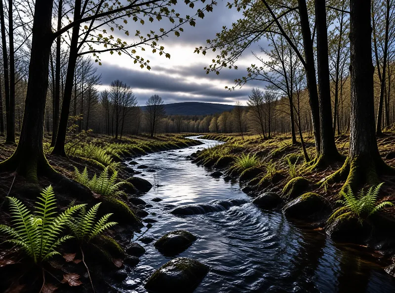 A narrow river meanders through a dense wood lined with dark trunks and bright ferns while heavy clouds cover the sky above distant hills