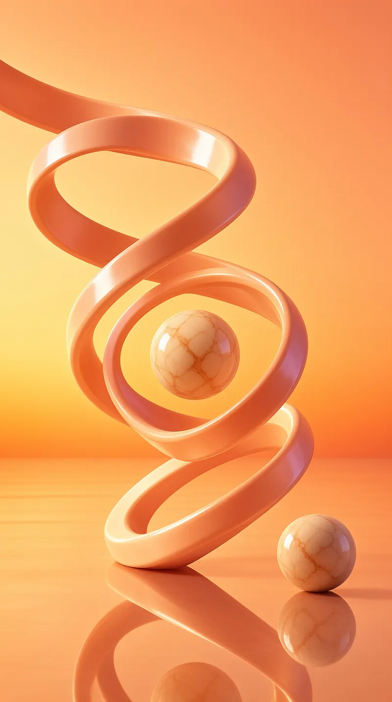 A glossy orange ribbon curves in a tall spiral above a smooth orange surface, with two veined off-white marbled spheres positioned within the loops and beside the base of the sculpture.