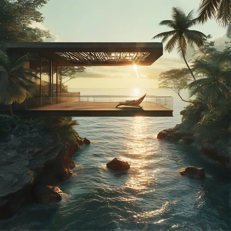 Overwater pavilion with lounge chair overlooking sunlit sea, surrounded by palm trees and rocky shores at golden sunset.