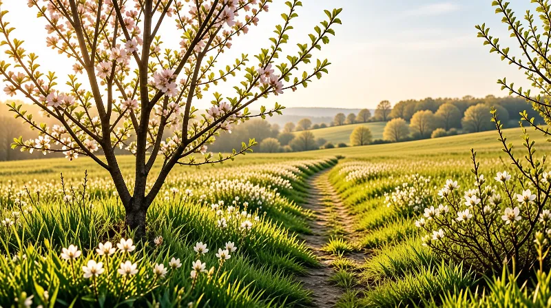A pink flowering tree stands beside a dirt path winding through a field of white wildflowers under a warm sky.