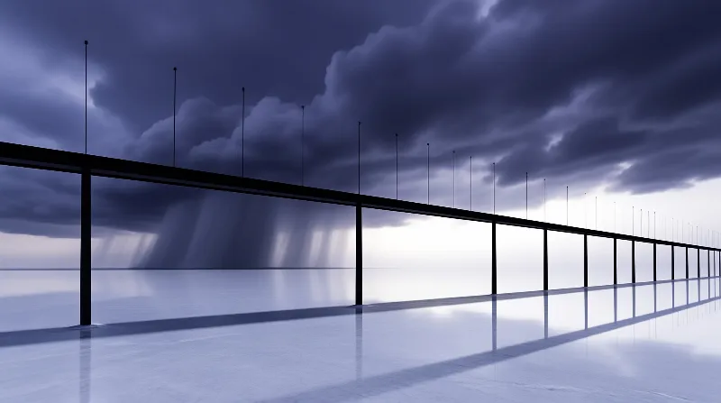 A dark horizontal bridge structure with vertical poles stands over a reflective surface beneath dramatic storm clouds and bright light.