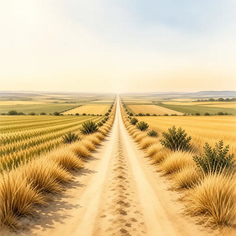 A straight unpaved road cuts through patchwork farm fields bathed in warm afternoon sunlight leading toward distant hills.