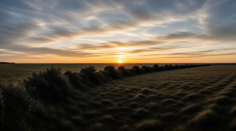 A row of dark bushes separates the foreground from a vast field under a sunset sky with streaked clouds.