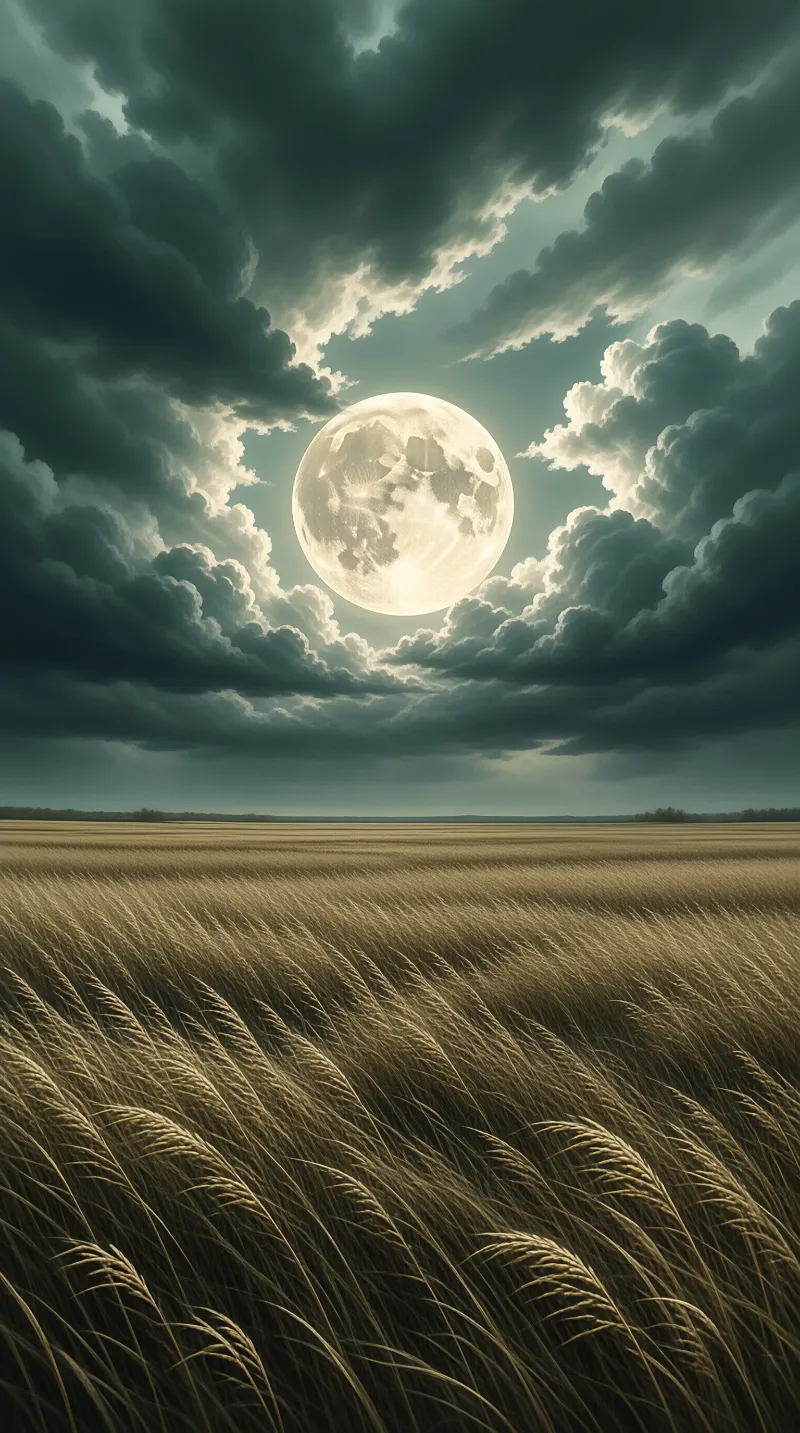 Golden wheat stretches across the horizon under a giant luminous moon surrounded by thick dark clouds.