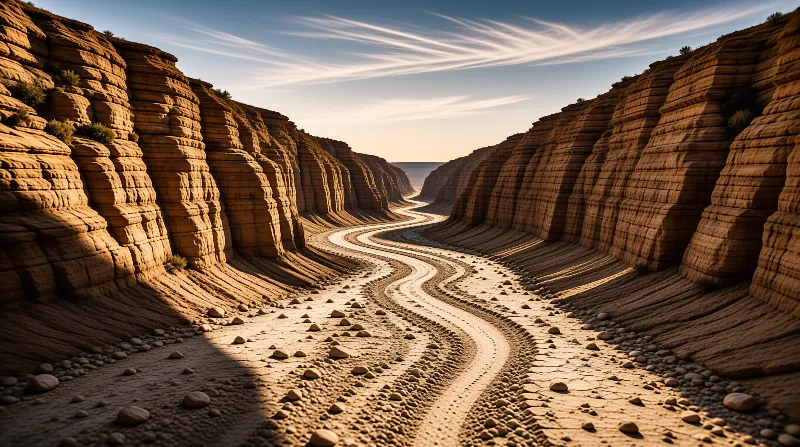 A narrow desert wash of pale pebbles curves between tall layered rock walls, lit by warm sun under streaks of high cloud.