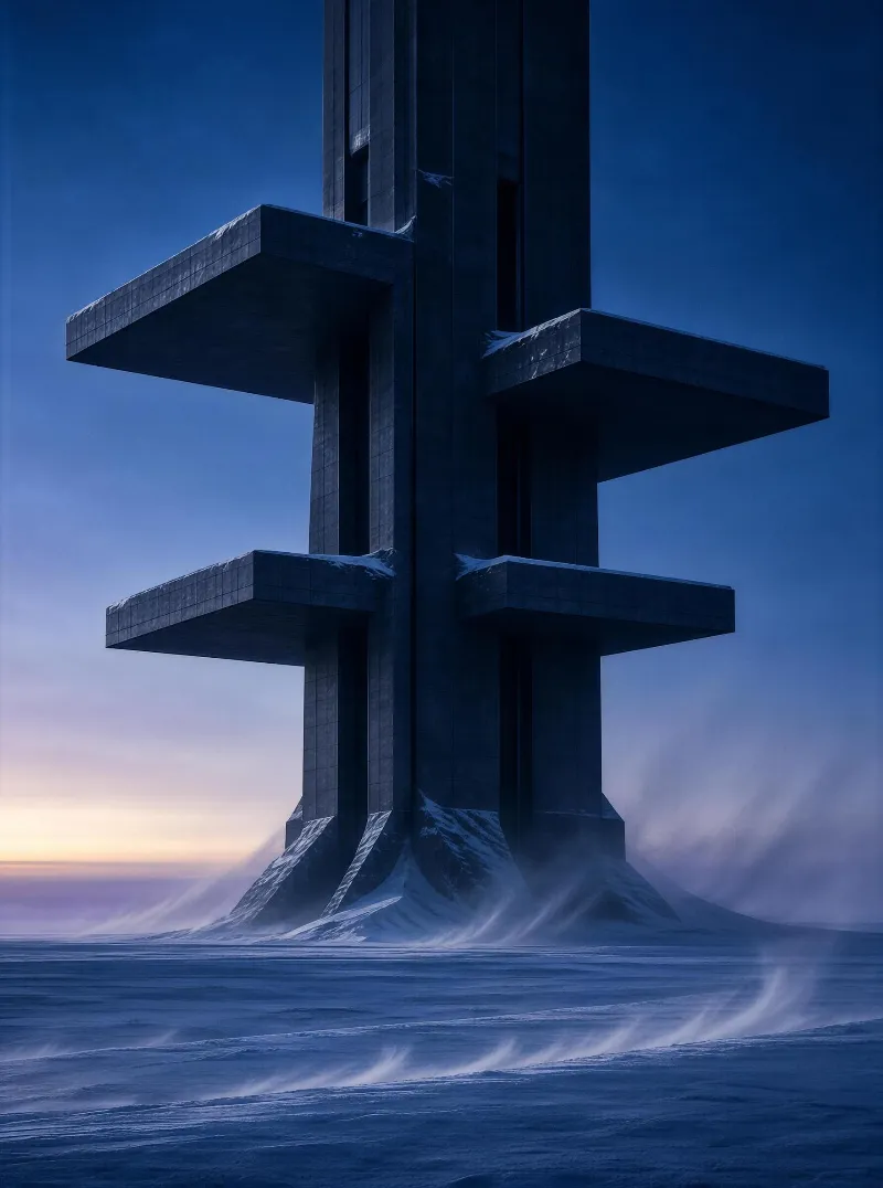 A tall concrete tower stands in a vast snowy landscape during blue hour, with wind blowing snow around its base and a gradient sky from purple to orange