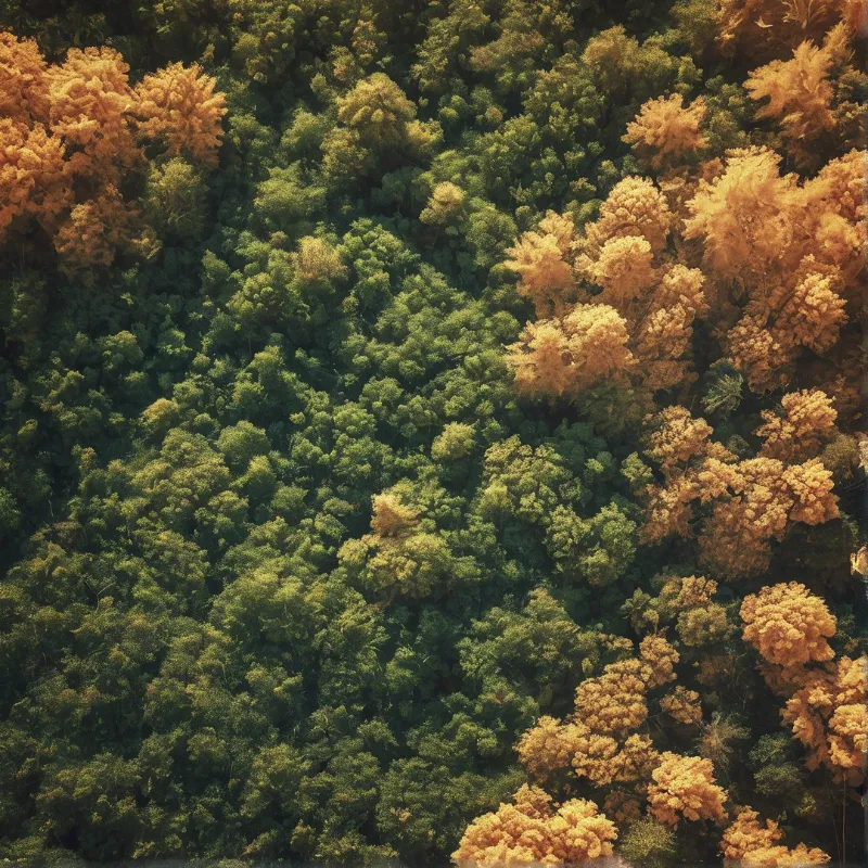 Overhead view of dense woodland showing dark green trees mixed with bright golden autumn foliage patches