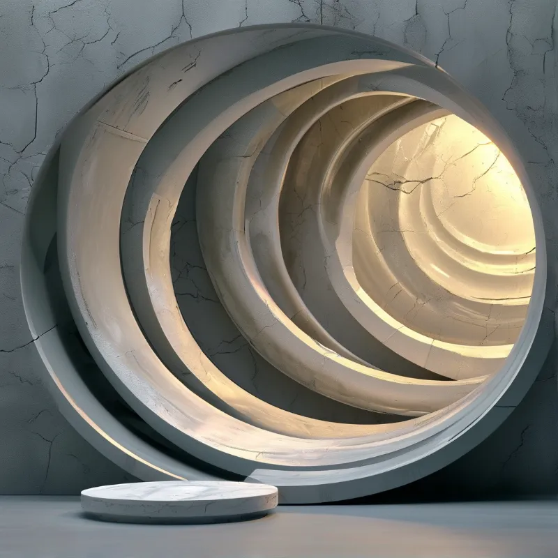 A concrete spiral tunnel is embedded in a cracked wall with warm light radiating from the center and a small disc nearby.
