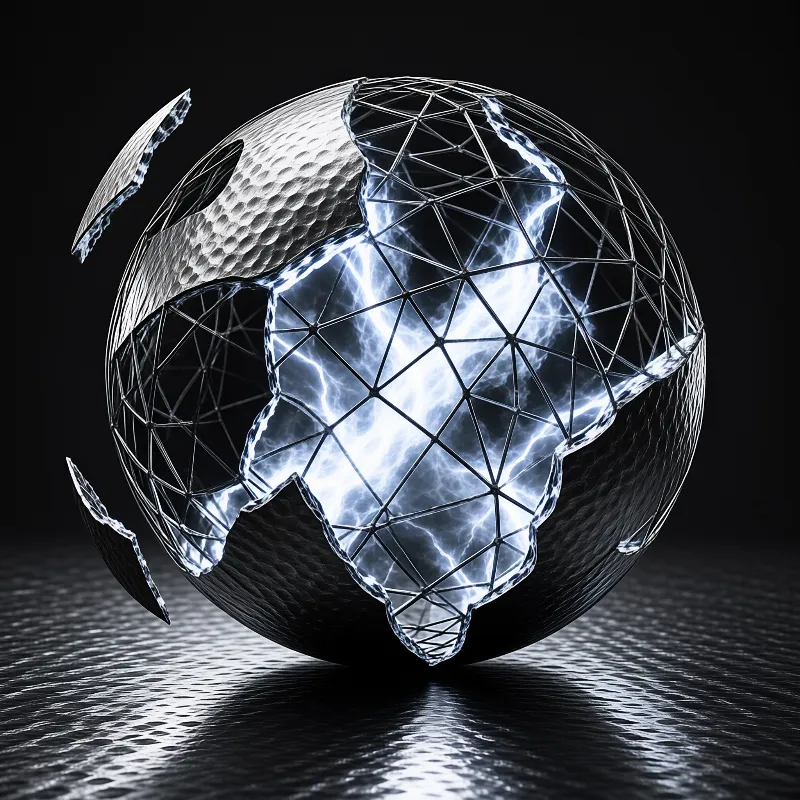 A shattered sphere rests on a dark rippled surface, revealing an inner cage of bright blue electric energy and lightning.