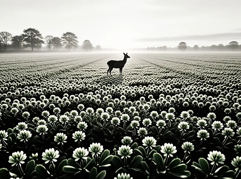 A silhouette of a deer stands alone in a dense field of white blooms with misty trees in background.