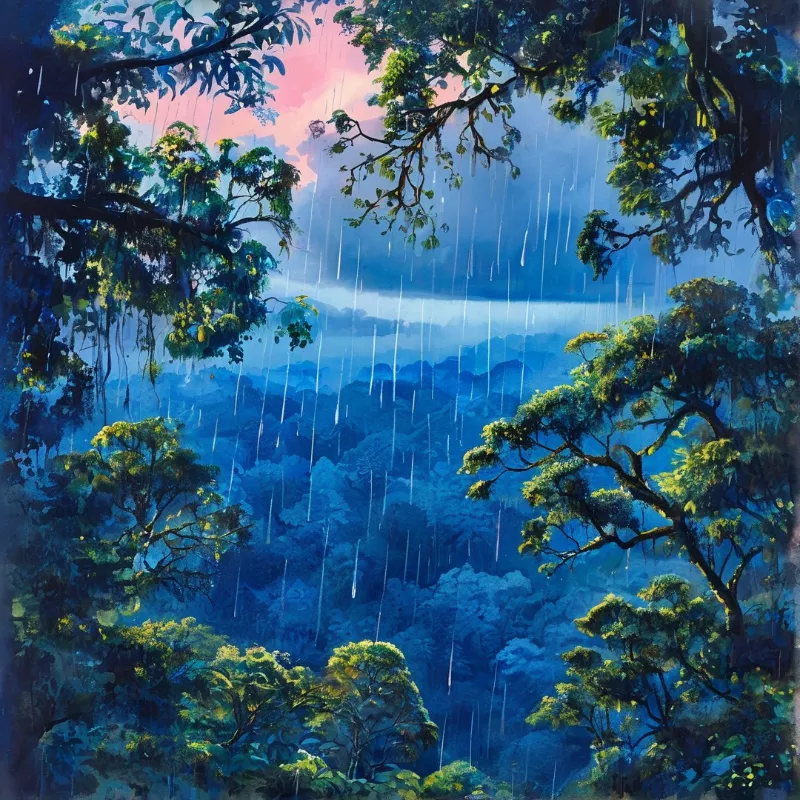 Dense blue forest features overhanging trees with vibrant green foliage while white rain streaks fall against a pink sky.