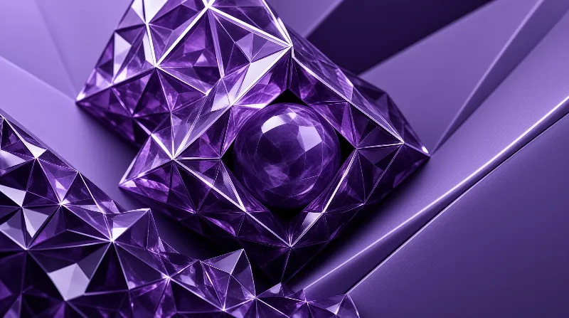 Purple faceted geometric shapes rest on a smooth surface with a glossy sphere nested inside a hollow section.